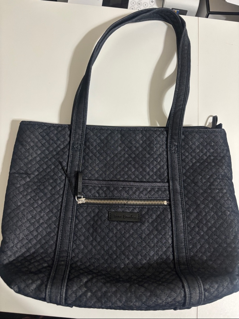 Vera Bradley Black Denim Quilted Tote with Front Zip Pocket